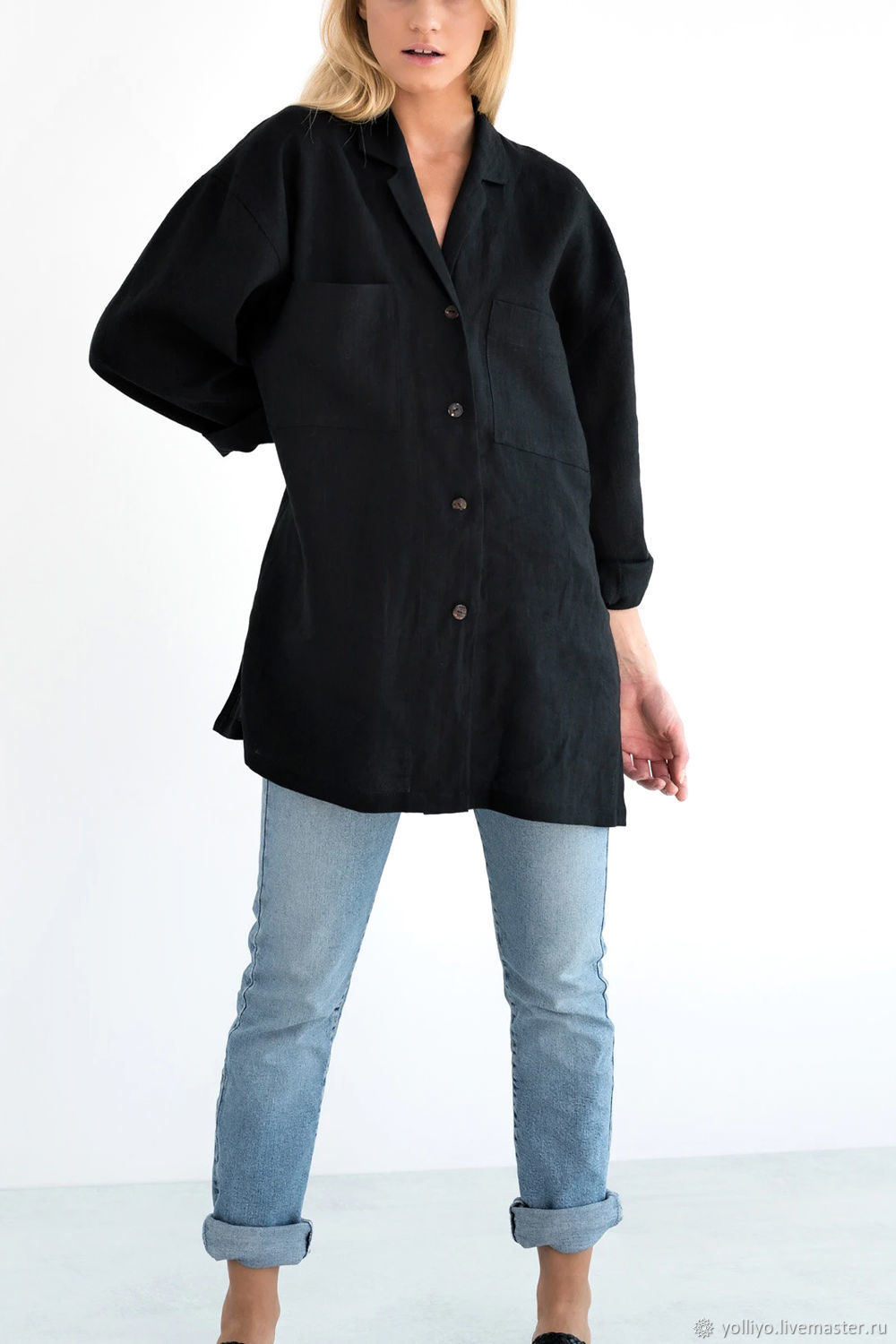 Длинная свободная льняная рубашка из черного льна, Рубашки, Тверь,  Фото №1
