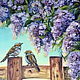 Painting Lilac Flowers May Morning oil on canvas with sparrows, Pictures, Moscow,  Фото №1