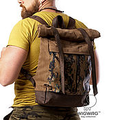 Мужская сумка-барсетка из коричневого канваса и натуральной кожи