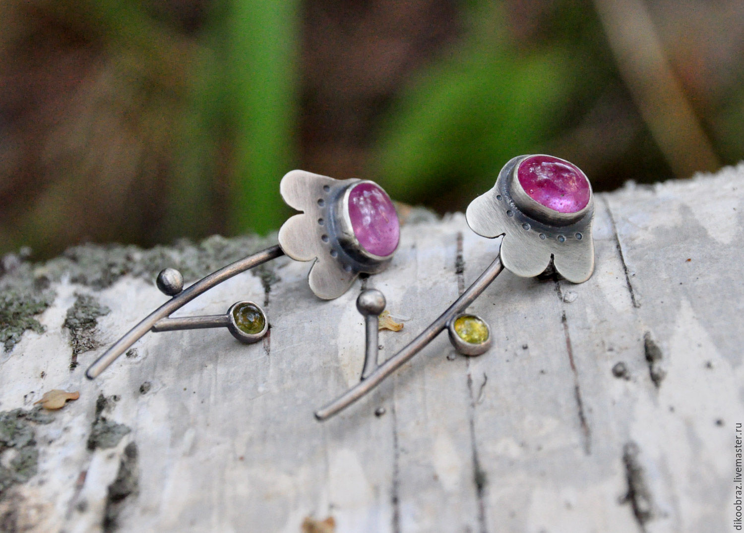 Earrings 'Flowers' (silver 925, rubies, tourmalines), Earrings, Moscow,  Фото №1