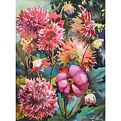 Картины и панно handmade. Livemaster - original item Painting Dahlias in the garden watercolor. Handmade.