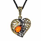 Украшения handmade. Livemaster - original item Pendant Leaf like Heart brass amber pendant on a cord around the neck. Handmade.