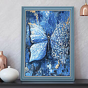 Картины и панно handmade. Livemaster - original item Oil painting with a butterfly in a frame. Paintings of blue color. Handmade.