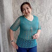 Одежда handmade. Livemaster - original item Linen blouse openwork knitted knitting mint green top eco-friendly. Handmade.