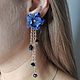 Order Stud earrings with dark blue flowers and chains. Wedding jewelry hair pins. Livemaster. . Stud earrings Фото №3