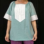 Туника блуза из льна серо-голубая Арт 123-f с аппликацией