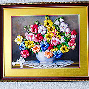 Paintings Embroidered with ribbons Summer bouquet in a vase