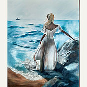Картины и панно handmade. Livemaster - original item Girl by the sea Seashore Large interior oil painting 70h90. Handmade.