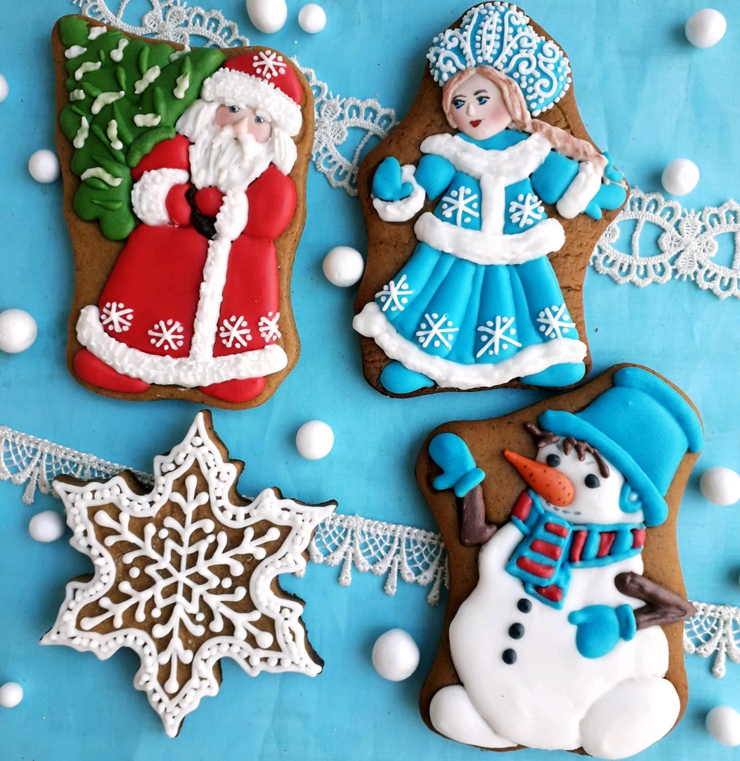 Christmas gingerbread : Grandfather Frost, Snow Maiden, Snowman. Gingerbread on the Christmas tree, Gingerbread Cookies Set, Rostov-on-Don,  Фото №1
