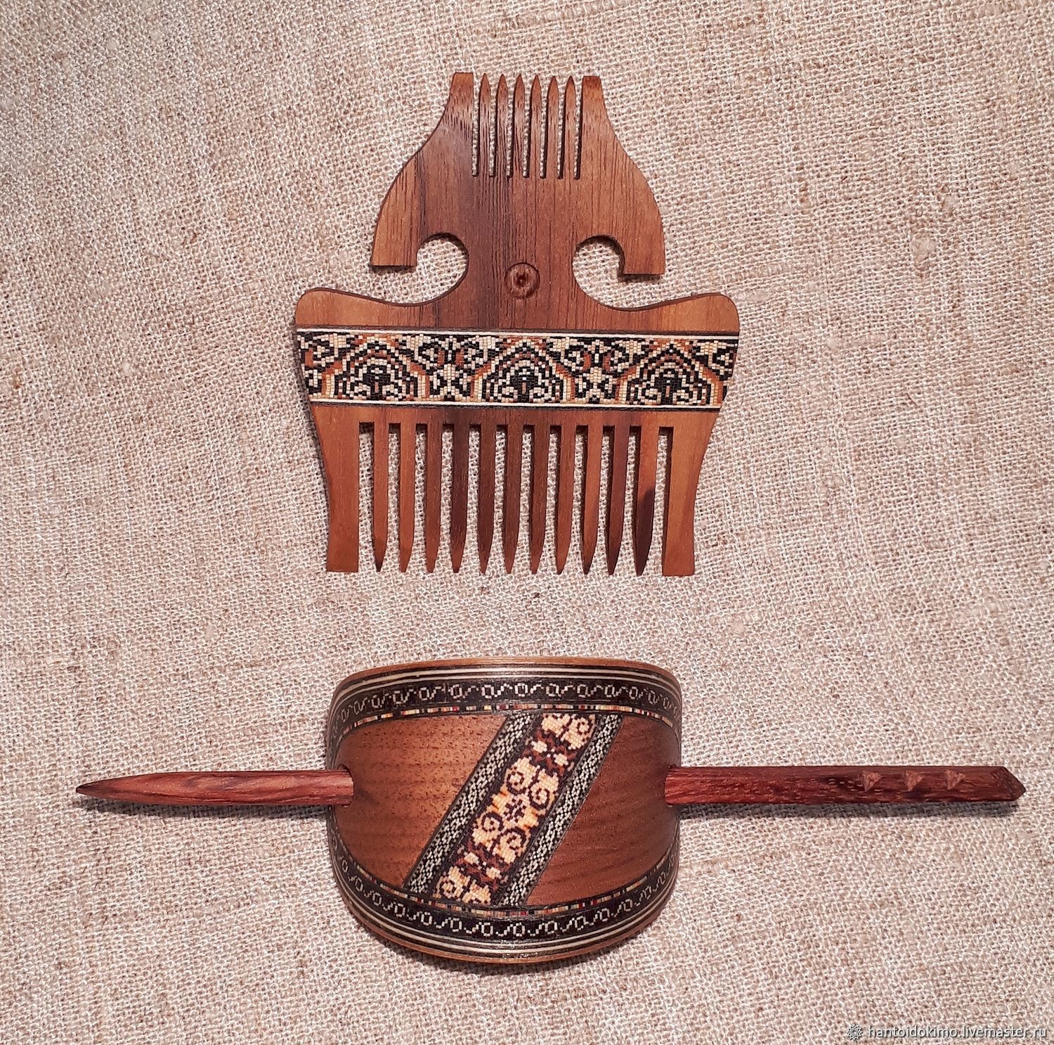 Slavic wooden comb wooden barrette with atick mosaic of wood inlay, Combs, Kursk,  Фото №1