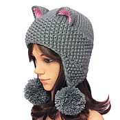Аксессуары handmade. Livemaster - original item Hat cat ears Cat with POM-POM, grey knitted women`s. Handmade.