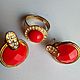 Red Coral with Cubic Zirconia Earrings and Ring USA 1980, Vintage jewelry sets, Moscow,  Фото №1