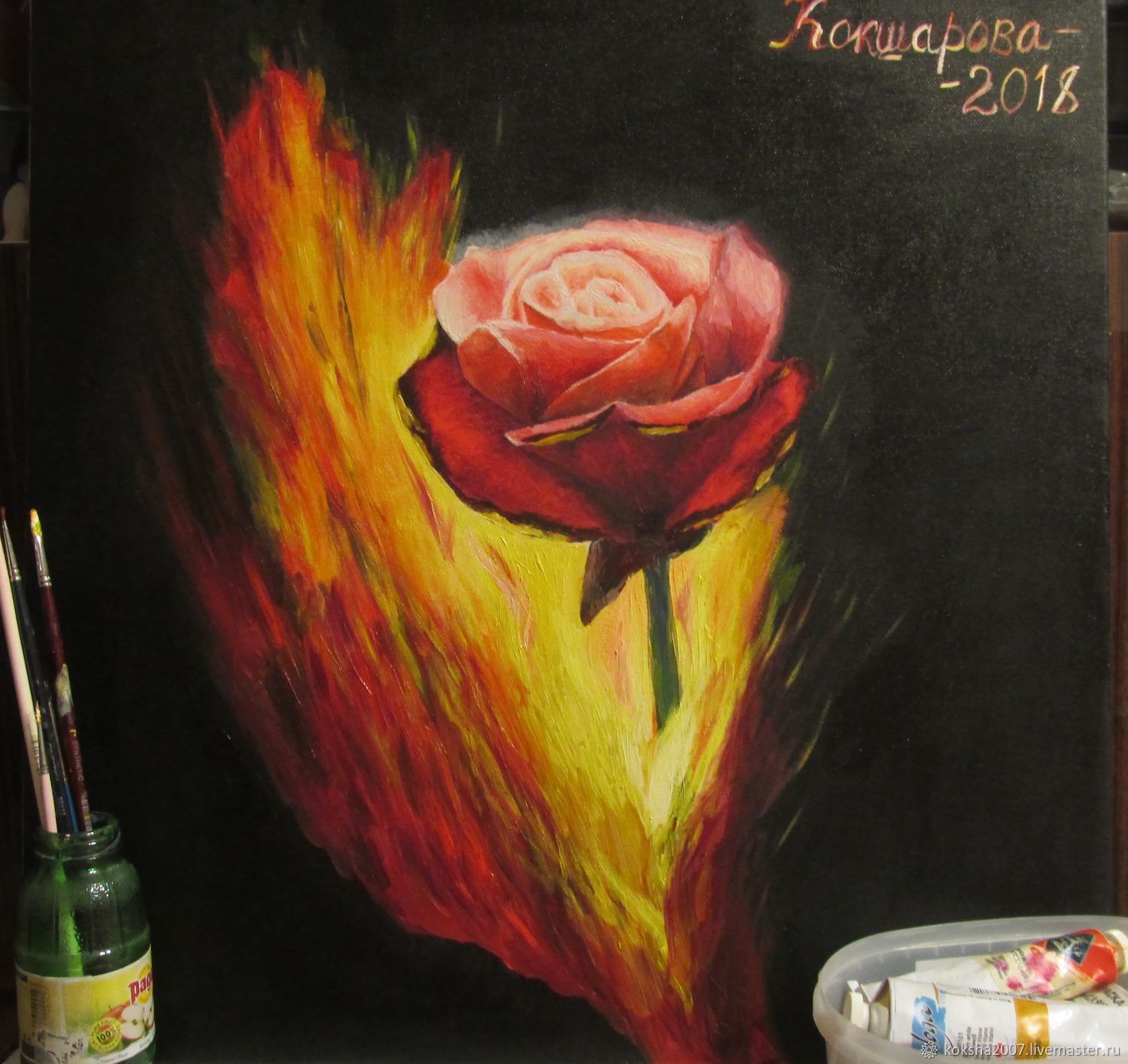 Белая роза в огне живопись