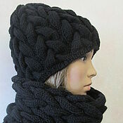 Аксессуары handmade. Livemaster - original item Knitted set - a hat with braids and a snood in black.. Handmade.