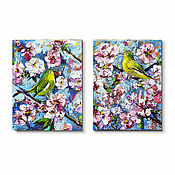 Картины и панно handmade. Livemaster - original item Pictures: Diptych in oil sakura birds 
