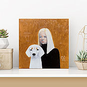 Картины и панно ручной работы. Ярмарка Мастеров - ручная работа Oil painting on canvas, Girl with dog, 20h20 cm. Handmade.