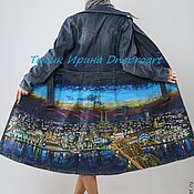 Одежда handmade. Livemaster - original item Denim with hand-painted coat " City on the river , sunset `. Handmade.