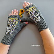 Аксессуары handmade. Livemaster - original item Mitts: Knitted mittens with embroidery gray trees. Handmade.