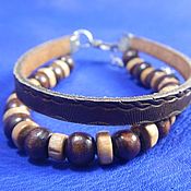 Украшения handmade. Livemaster - original item Double leather bracelet with wooden beads the Caterpillar. Handmade.