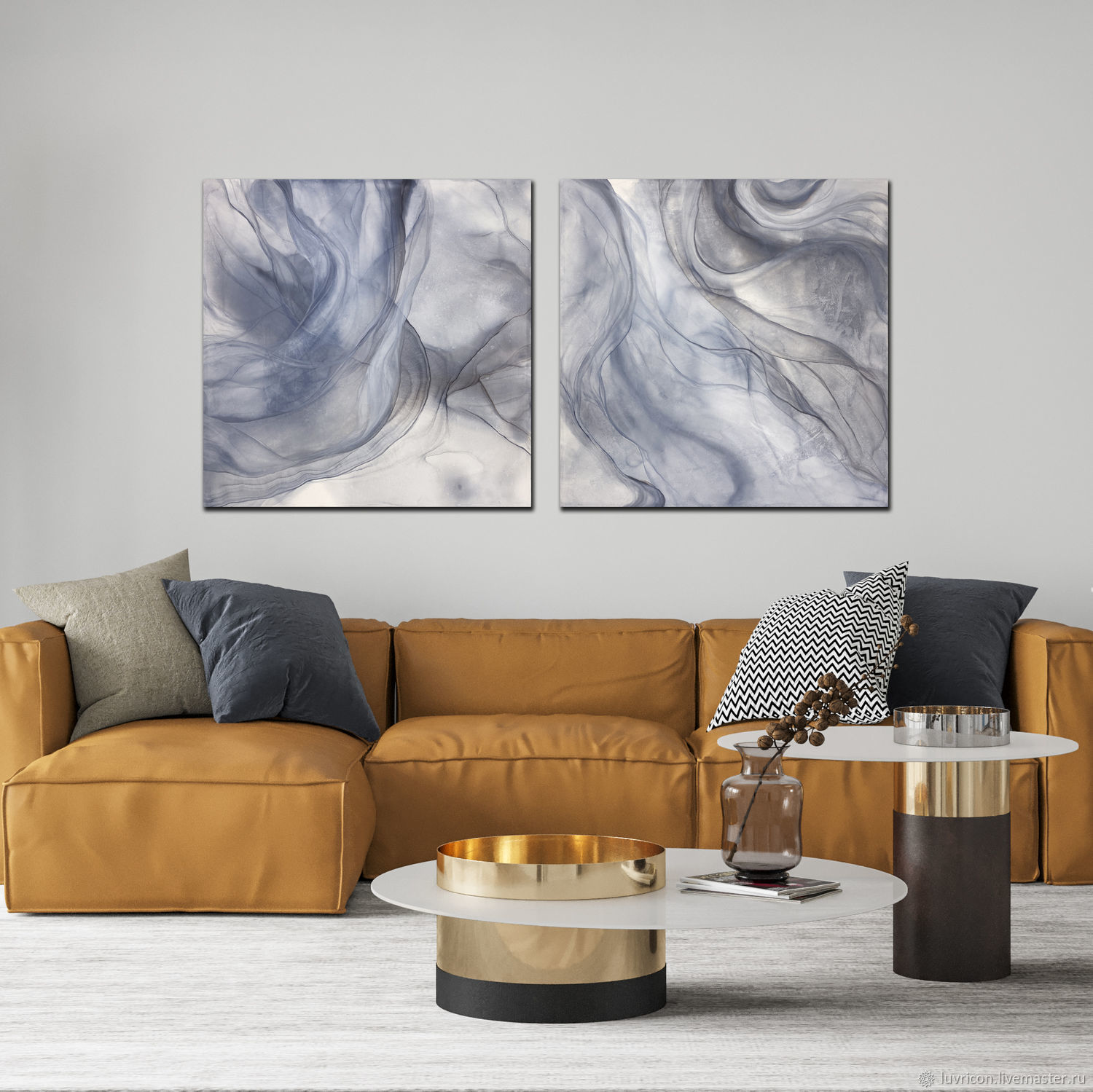 2 голубые картины на холстах - 140 см чернилами «Пучина», ink fluid ...