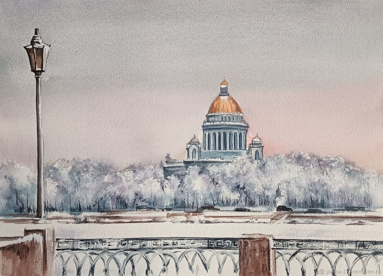 Картина акварелью. Санкт-Петербург. Вид на Исаакиевский собор. Зима ...