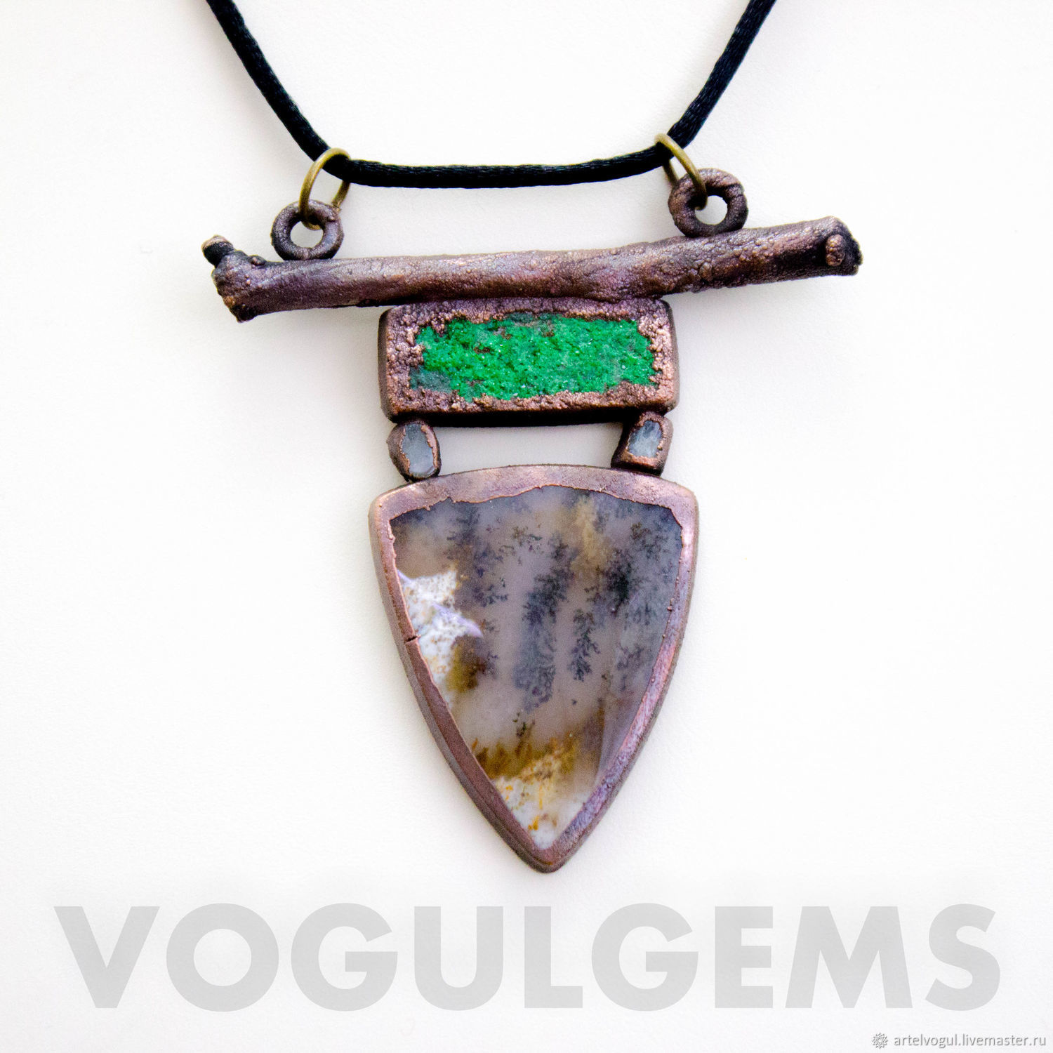 Copper pendant 'Summer'(uvarovite, aquamarine, moss agate), Pendants, Nizhnij Tagil,  Фото №1