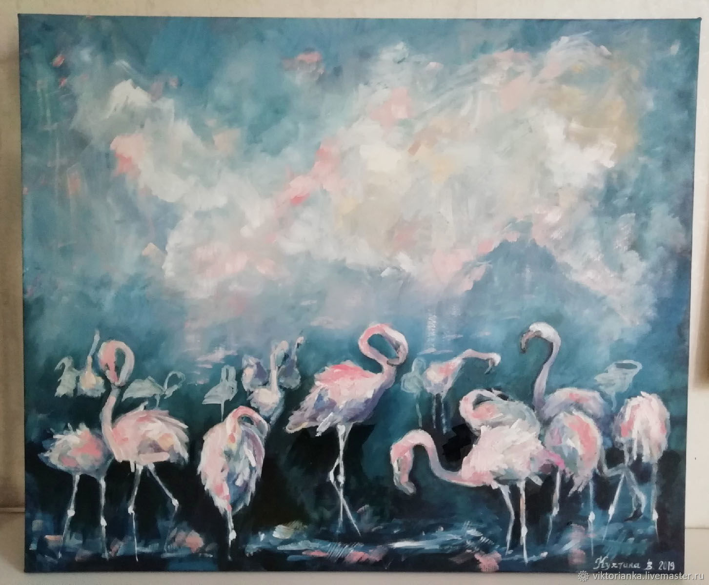 Стая розовых фламинго картина маслом