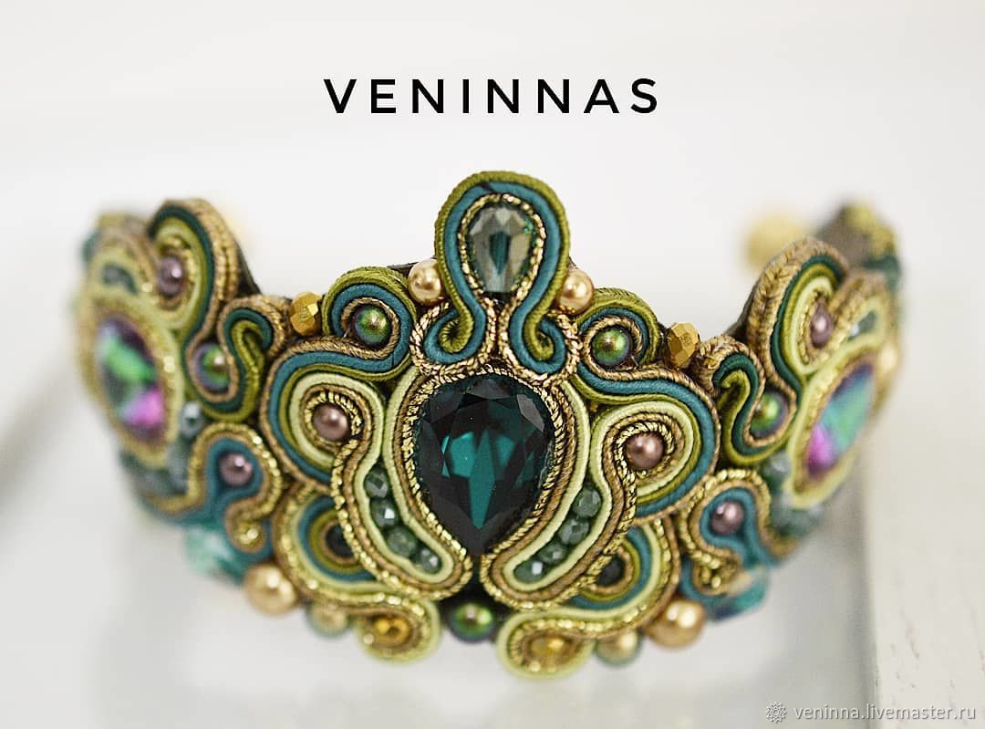 Imperial soutache bracelet, in green and gold color, Bead bracelet, Moscow,  Фото №1