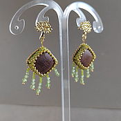 Украшения handmade. Livemaster - original item Square Fringed earrings, brown beaded beads with wood. Handmade.