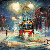 Картины и панно handmade. Livemaster - original item Paintings watercolor painting night winter landscape city NIGHT TRAM. Handmade.