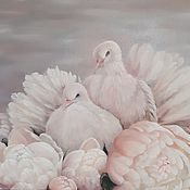 Картины и панно handmade. Livemaster - original item Peach Love oil painting white doves white peonies oil on canvas. Handmade.