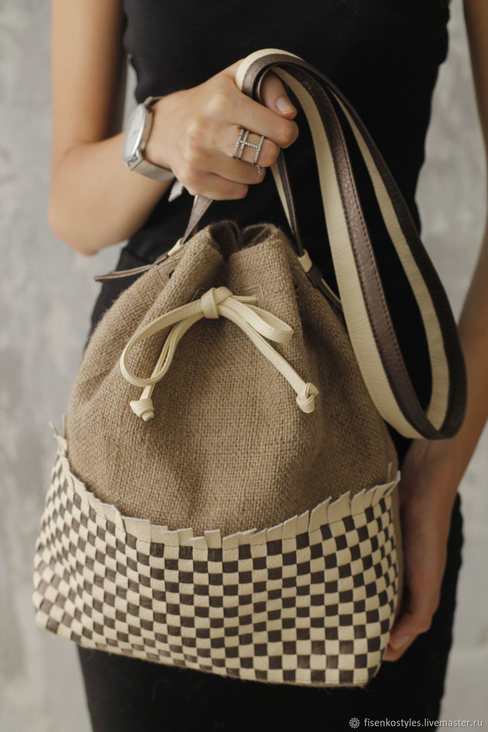 Эко-сумка из джутовой ткани с плетением ручной работы_Fisenko brand