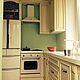 Light ergonomic kitchen in the Provence style, with niches for built-in appliances. Made of wood, artificially aged. Well appointed with quality fittings, door closers. Countertops