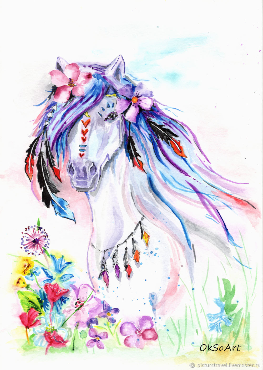 Лошадь с цветами акварель