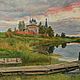 Pintura al óleo puesta de sol En el estanque con el barco y la iglesia, Pictures, Moscow,  Фото №1