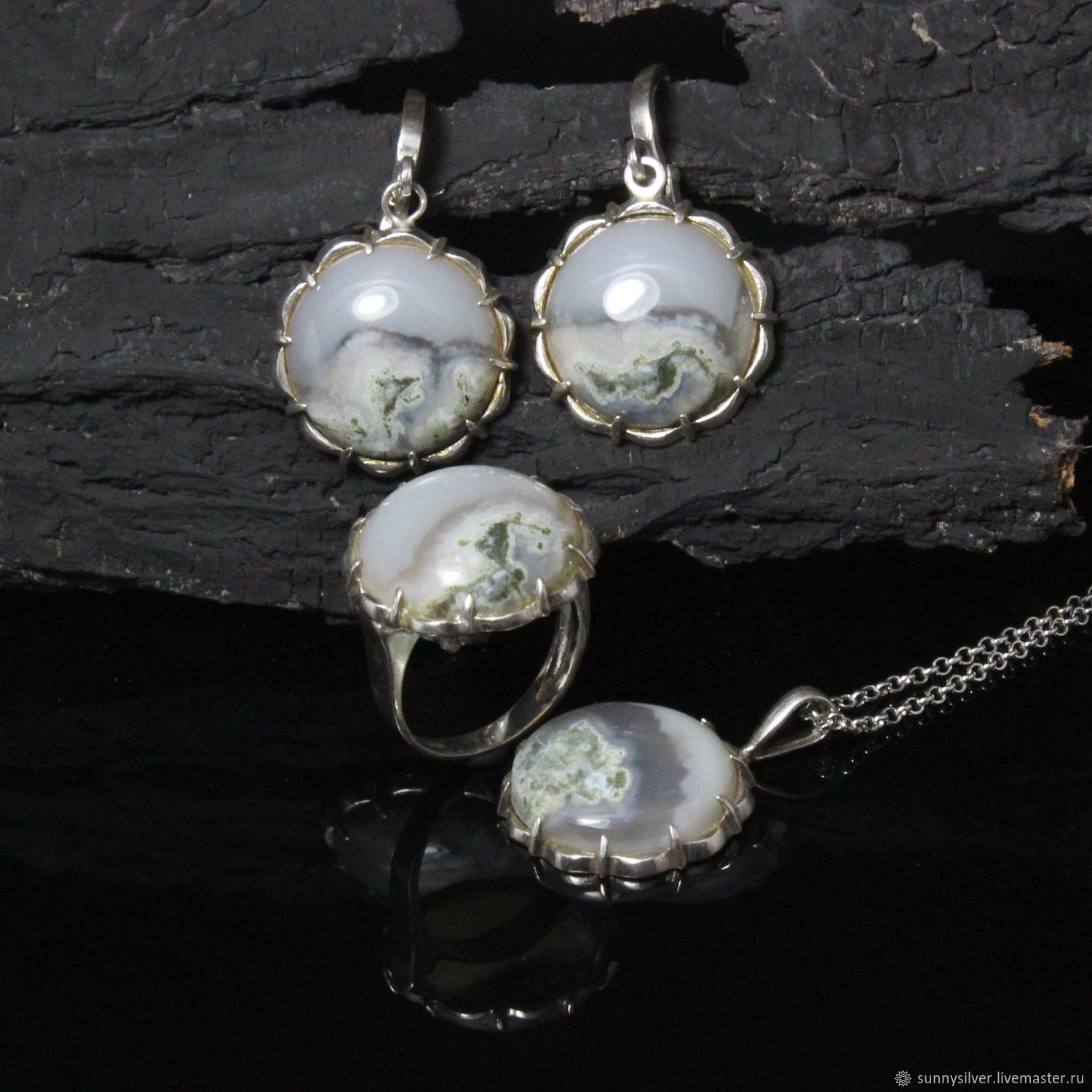 Dion's earrings, ring and pendant with agates made of 925 DD0025 silver, Jewelry Sets, Yerevan,  Фото №1