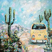 Картины и панно handmade. Livemaster - original item Mexico oil Painting cacti and vintage bus. Handmade.