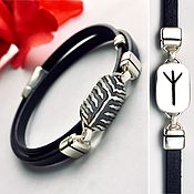 Украшения handmade. Livemaster - original item Bracelet with rune of Algiz, silver, runic leather bracelet 2 turns. Handmade.