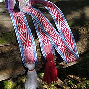 Русский стиль handmade. Livemaster - original item The Spiritual Power belt is white-red with a blue curly border. Handmade.
