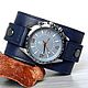 Wristwatch on Denim Blue Wide Leather Wristband, Watches, St. Petersburg,  Фото №1
