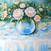 Картины и панно handmade. Livemaster - original item Peony oil painting pink white canvas still life flower vase wall art. Handmade.