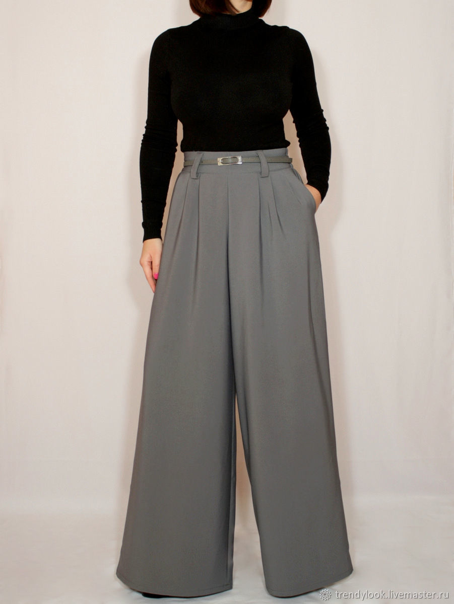 Серые Широкие брюки женские,офисный стиль,высокая талия купить винтернет-магазине Ярмарка Мастеров по цене 2300 ₽ – 808KRRU