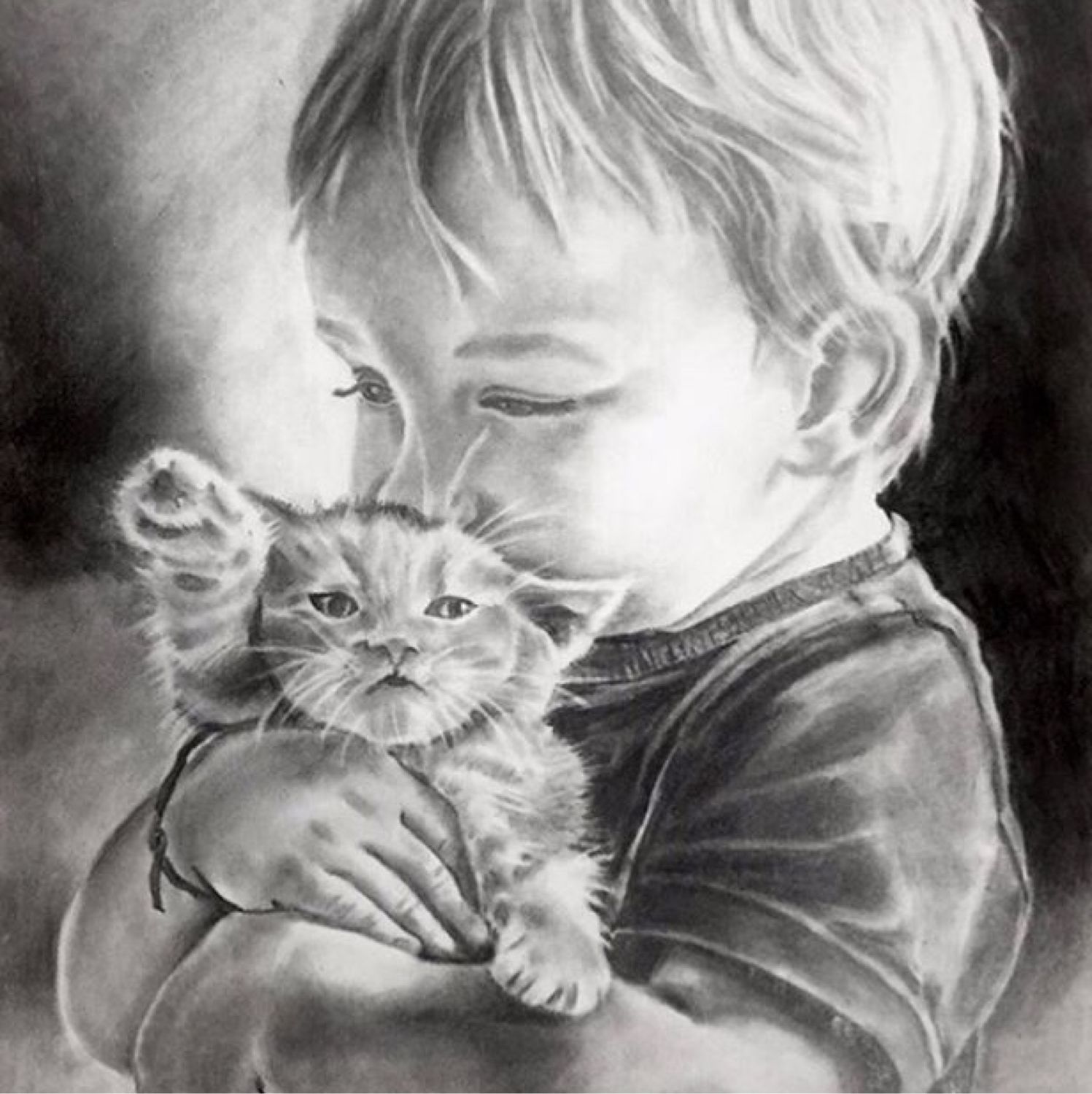 Мальчик с котенком живопись