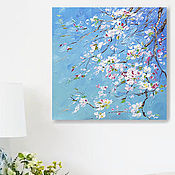 Картины и панно handmade. Livemaster - original item Painting a blooming branch of an apple tree on a blue sky background. Handmade.