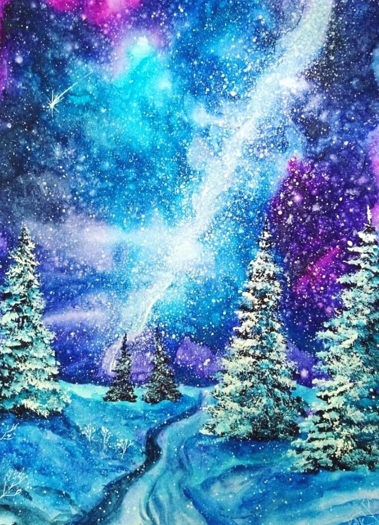 Картина Зима лес космос галактика звезды снег рождество пейзаж луна