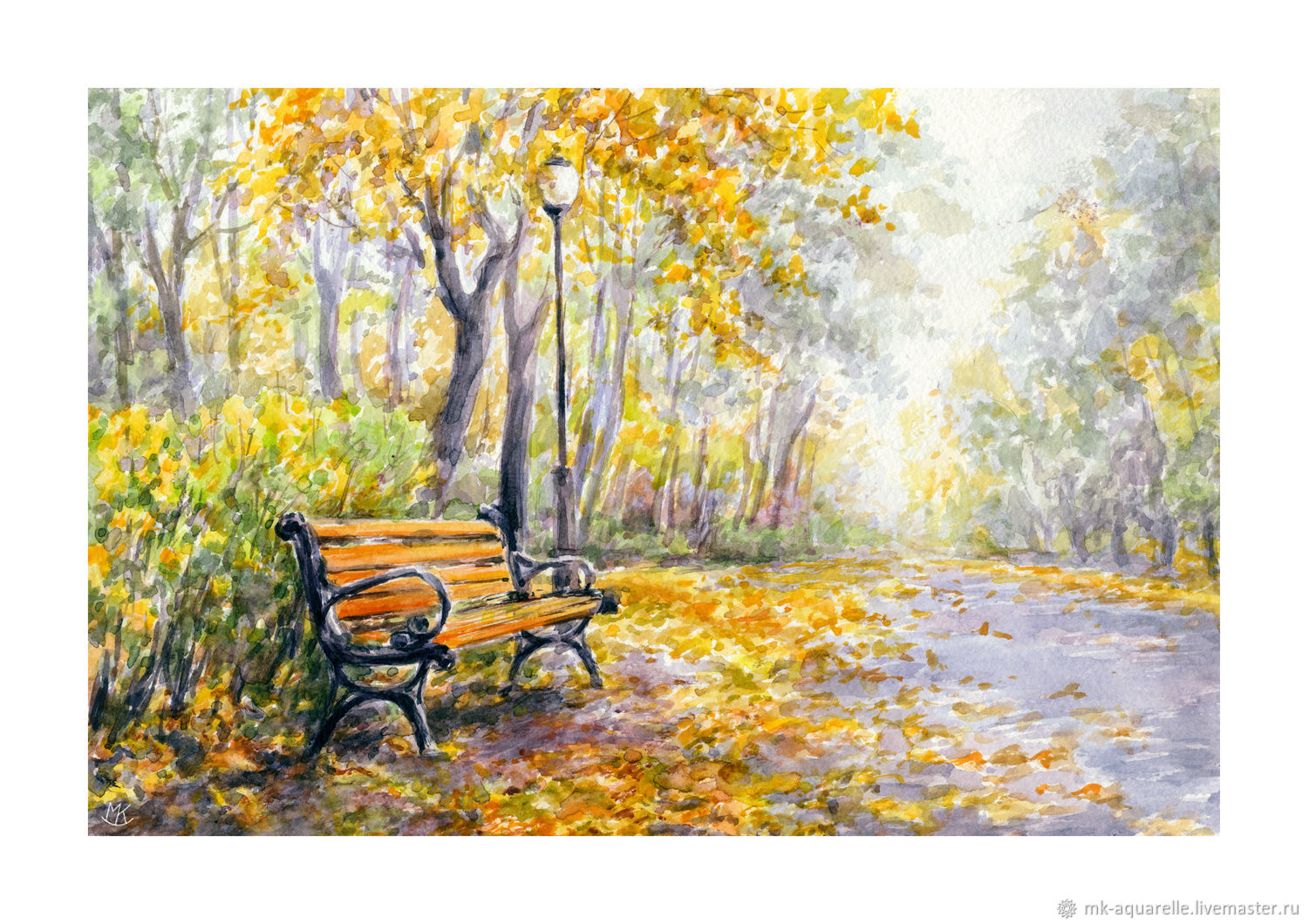 Осенний пейзаж со скамейкой