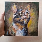 Картина маслом "Котик с чашкой чая", 17*24 см