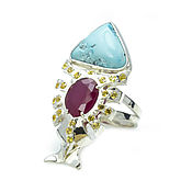 Украшения handmade. Livemaster - original item Silver ring with ruby, turquoise and sapphires Goldfish. Handmade.
