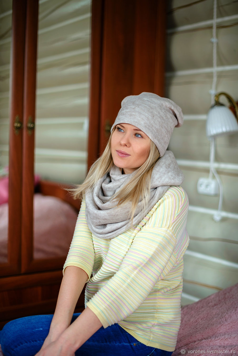 Set in a chunky knit knit. Color melange beige, Headwear Sets, Moscow,  Фото №1