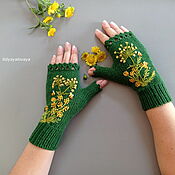 Аксессуары handmade. Livemaster - original item Mitts: Knitted mittens with embroidery Dill green. Handmade.